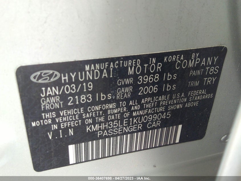 VIN KMHH35LE1KU099045 2019 HYUNDAI ELANTRA GT