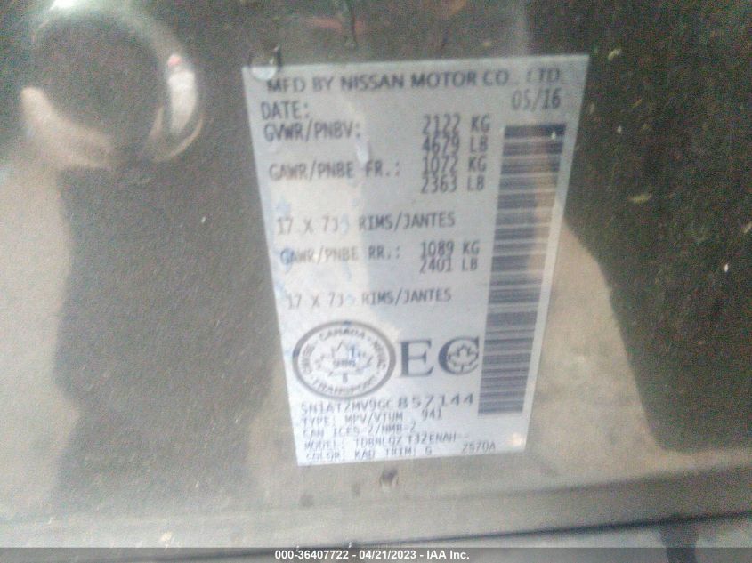 2016 NISSAN ROGUE SV/SL/S - 5N1AT2MV9GC857144