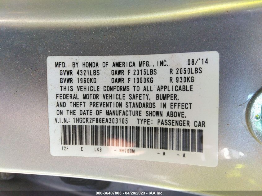 2014 HONDA ACCORD SEDAN EX-L - 1HGCR2F86EA303105