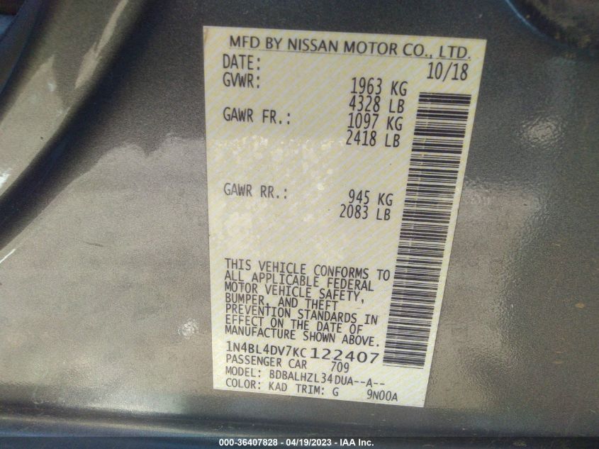 2019 NISSAN ALTIMA 2.5 SV - 1N4BL4DV7KC122407