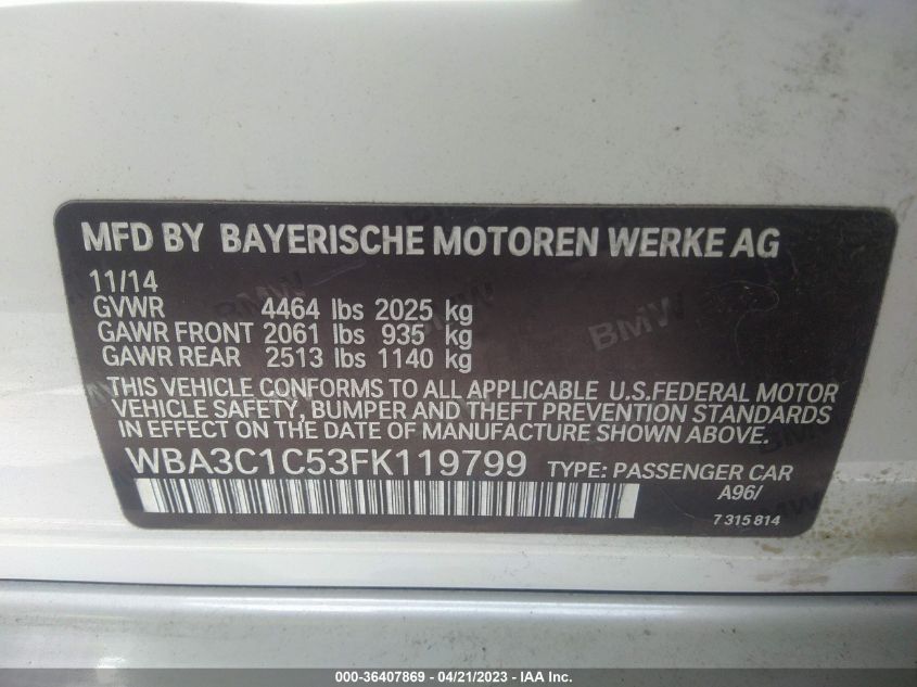 2015 BMW 3 SERIES 328I - WBA3C1C53FK119799