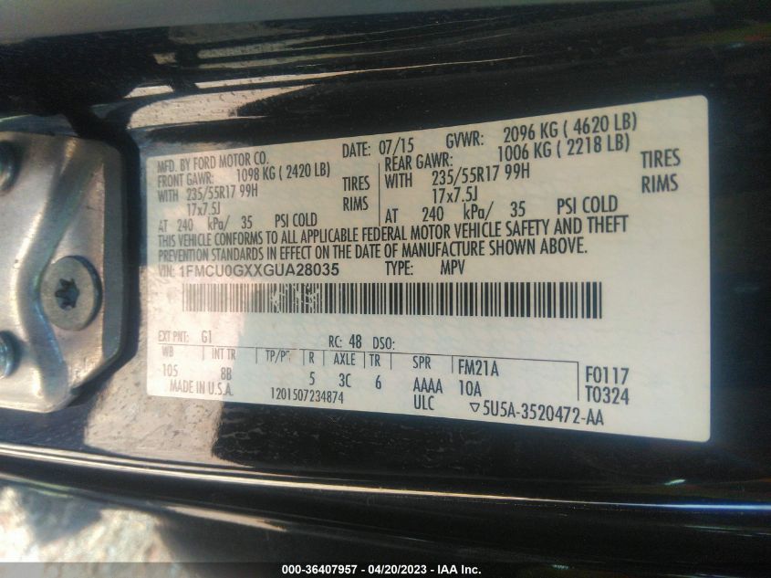 2016 FORD ESCAPE SE - 1FMCU0GXXGUA28035