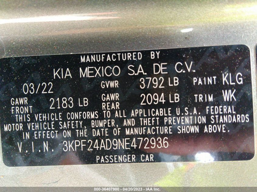 2022 KIA FORTE LXS - 3KPF24AD9NE472936
