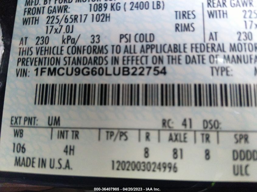 2020 FORD ESCAPE SE - 1FMCU9G60LUB22754