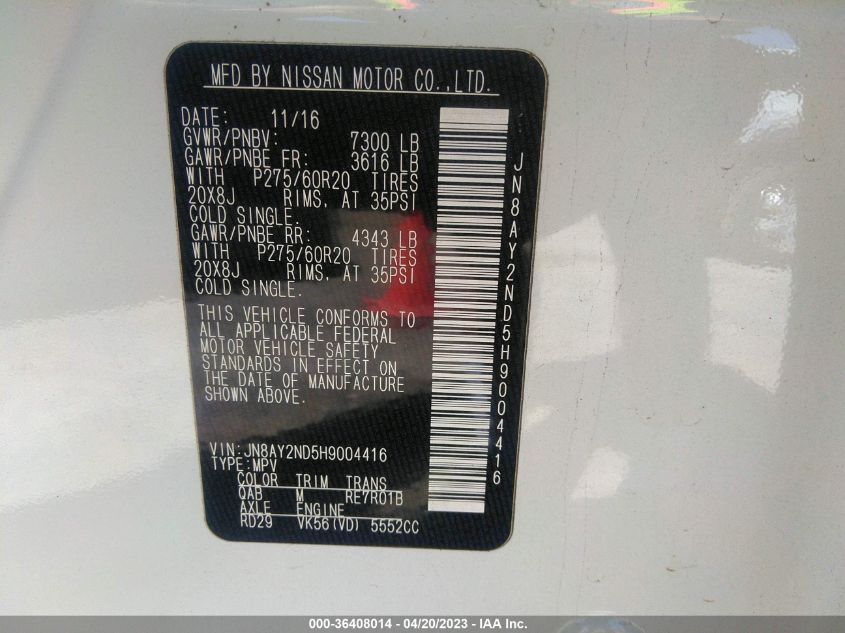 2017 NISSAN ARMADA SL - JN8AY2ND5H9004416