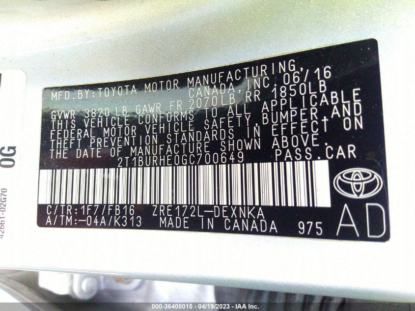 2016 TOYOTA COROLLA LE - 2T1BURHE0GC700649