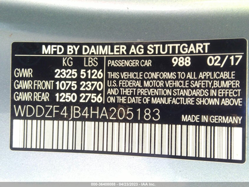 VIN WDDZF4JB4HA205183 2017 MERCEDES-BENZ E-CLASS E 300