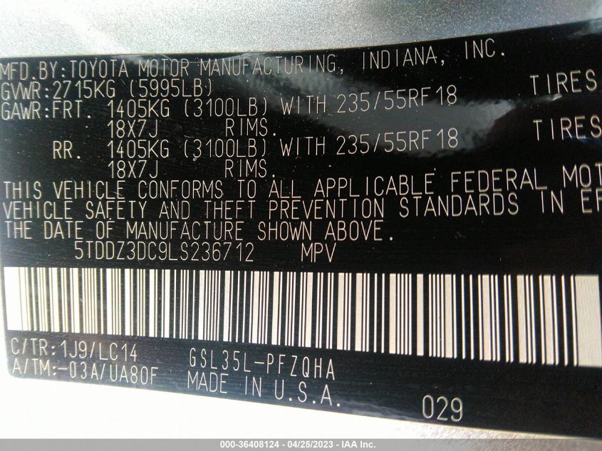 2020 TOYOTA SIENNA XLE - 5TDDZ3DC9LS236712