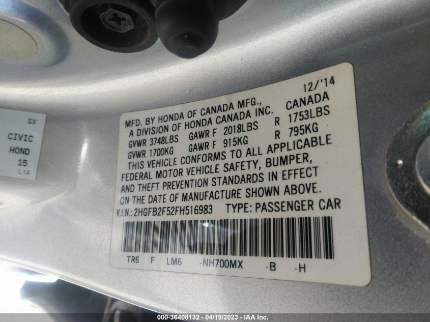2015 HONDA CIVIC SEDAN LX - 2HGFB2F52FH516983