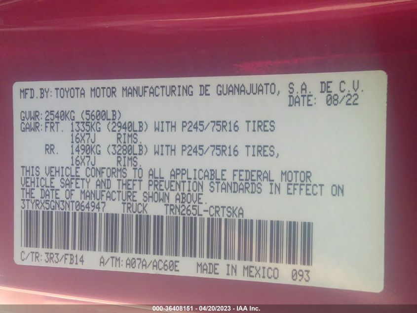 2022 TOYOTA TACOMA 2WD SR/SR5 - 3TYRX5GN3NT064947