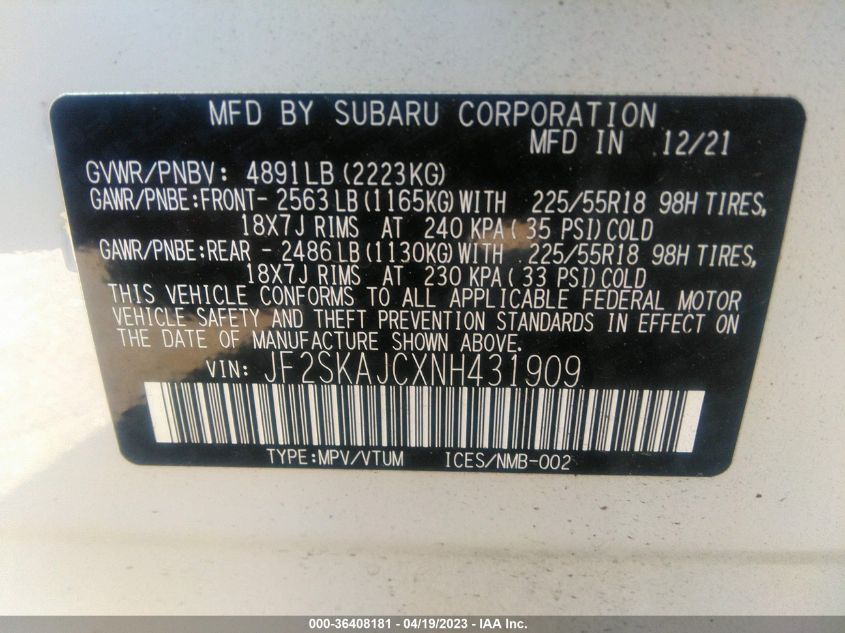 2022 SUBARU FORESTER SPORT - JF2SKAJCXNH431909