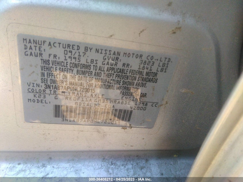 VIN 3N1AB7AP0HL720015 2017 NISSAN SENTRA SV