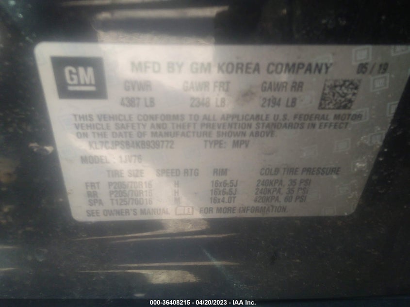 VIN KL7CJPSB4KB939772 2019 CHEVROLET TRAX LT