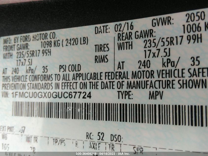 2016 FORD ESCAPE SE - 1FMCU0GX0GUC67724