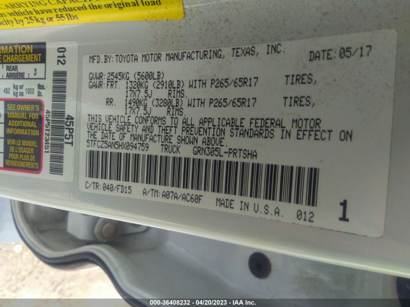 2017 TOYOTA TACOMA SR5/TRD SPORT - 5TFCZ5AN5HX094759