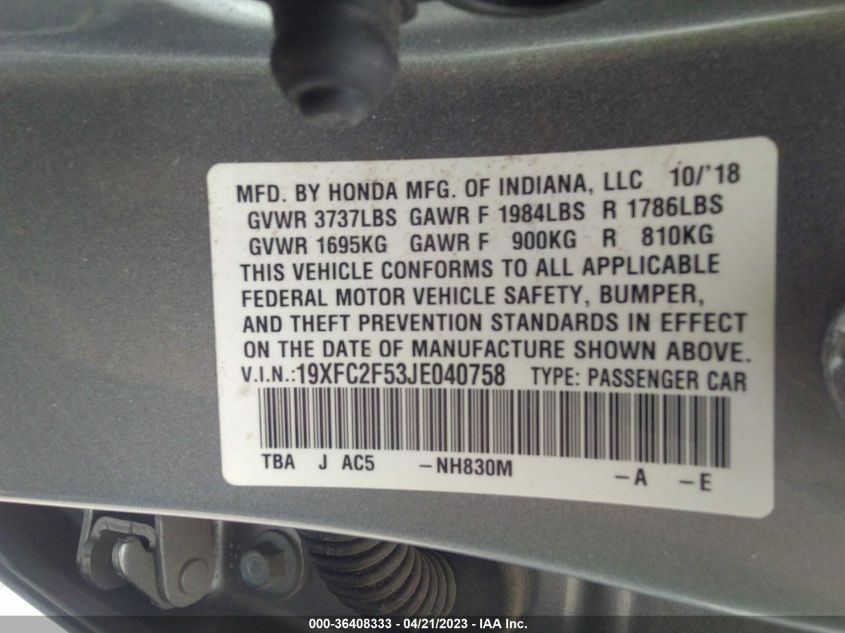2018 HONDA CIVIC SEDAN LX - 19XFC2F53JE040758