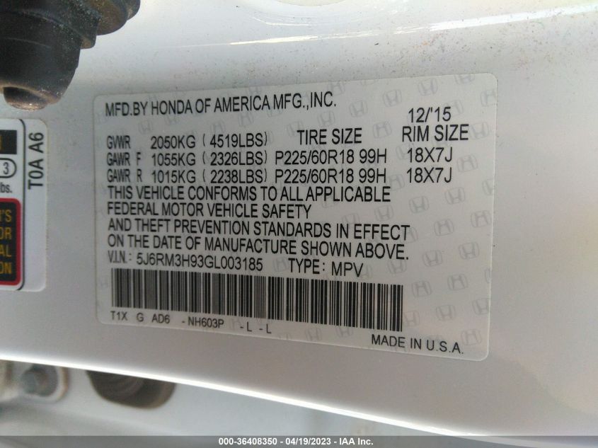 2016 HONDA CR-V TOURING - 5J6RM3H93GL003185