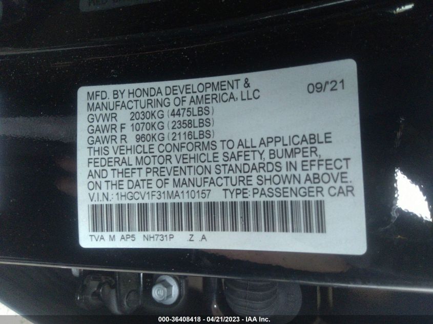 2021 HONDA ACCORD SEDAN SPORT - 1HGCV1F31MA110157
