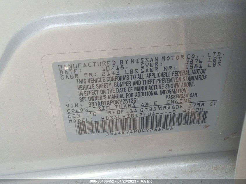VIN 3N1AB7AP0KY251261 2019 NISSAN SENTRA S