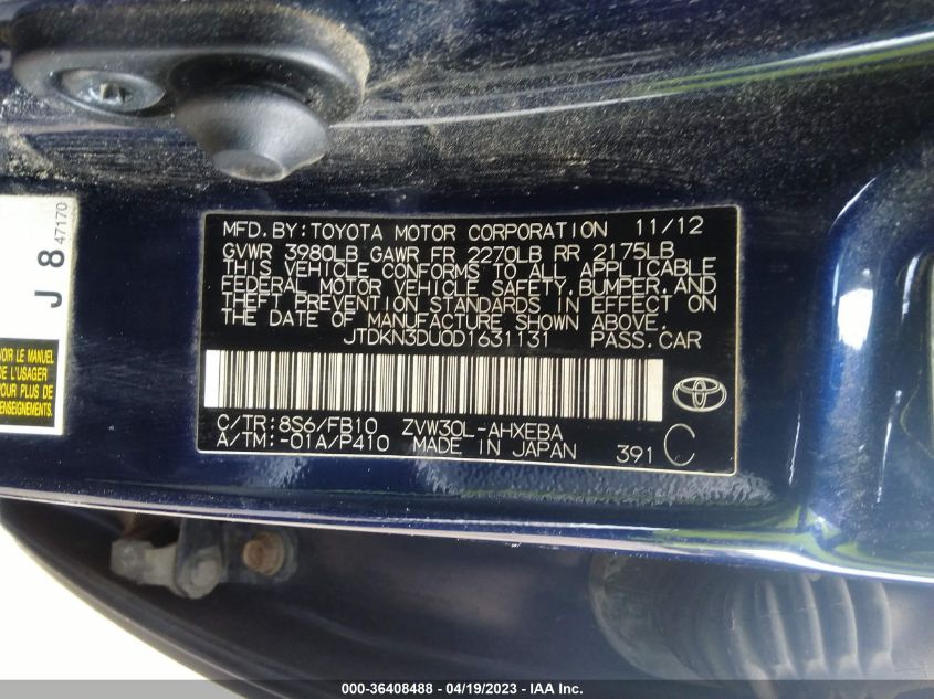 2013 TOYOTA PRIUS ONE/TWO/THREE/FOUR/FIVE - JTDKN3DU0D1631131