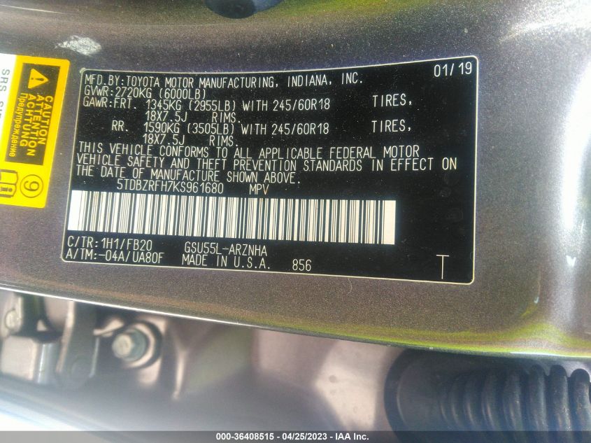 2019 TOYOTA HIGHLANDER LE - 5TDBZRFH7KS961680