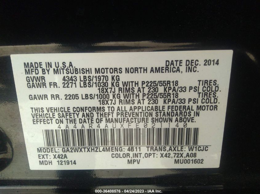 2015 MITSUBISHI OUTLANDER SPORT SE - 4A4AR4AUXFE021140