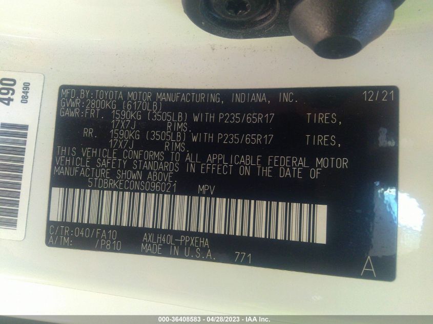 2022 TOYOTA SIENNA LE - 5TDBRKEC0NS096021