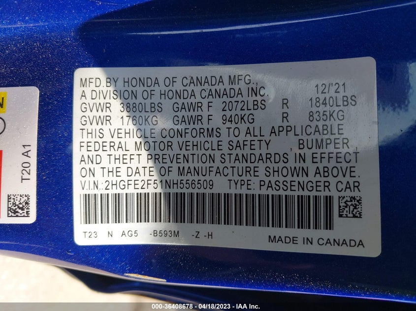 VIN 2HGFE2F51NH556509 2022 HONDA CIVIC SEDAN SPORT