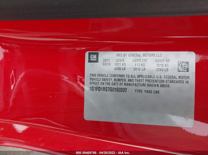 2016 CHEVROLET CAMARO 2LT - 1G1FD1RS7G0160307