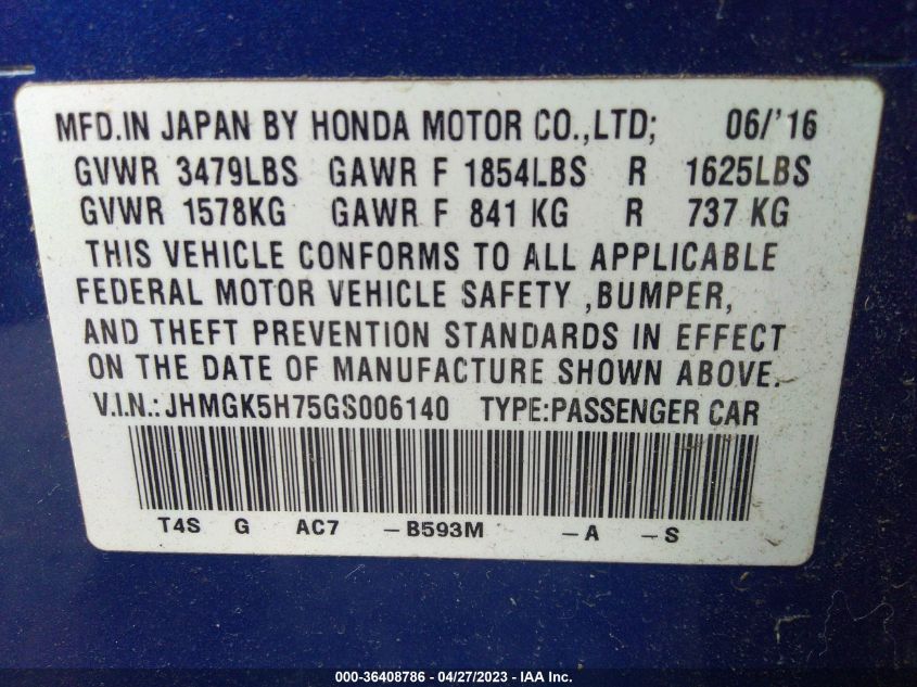 2016 HONDA FIT EX - JHMGK5H75GS006140