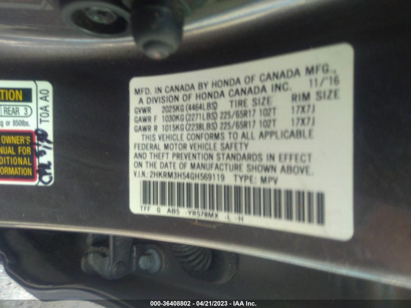2016 HONDA CR-V EX - 2HKRM3H54GH569119