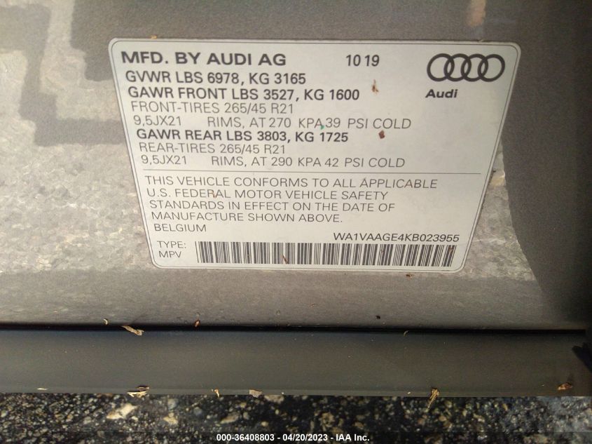 2019 AUDI E-TRON PRESTIGE - WA1VAAGE4KB023955
