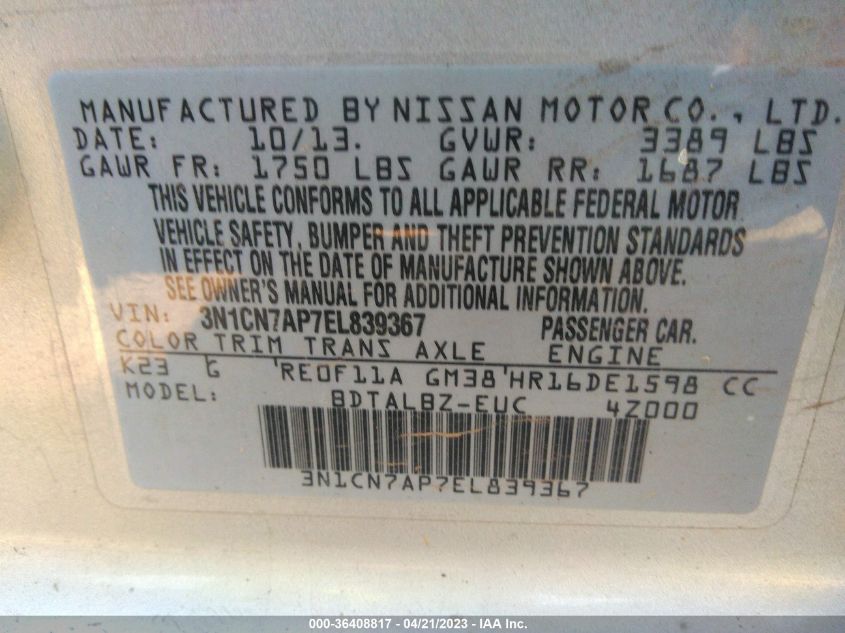 2014 NISSAN VERSA SV - 3N1CN7AP7EL839367