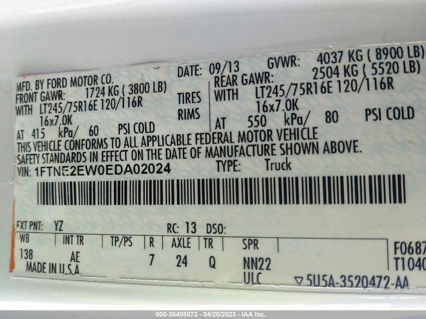 2014 FORD ECONOLINE CARGO VAN COMMERCIAL/RECREATIONAL 1FTNE2EW0EDA02024