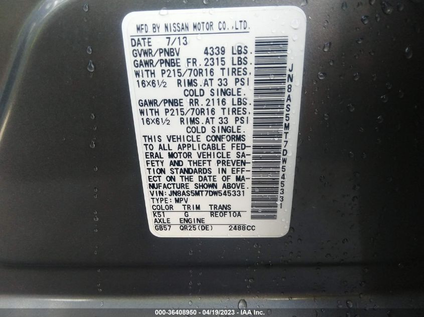 2013 NISSAN ROGUE S - JN8AS5MT7DW545331