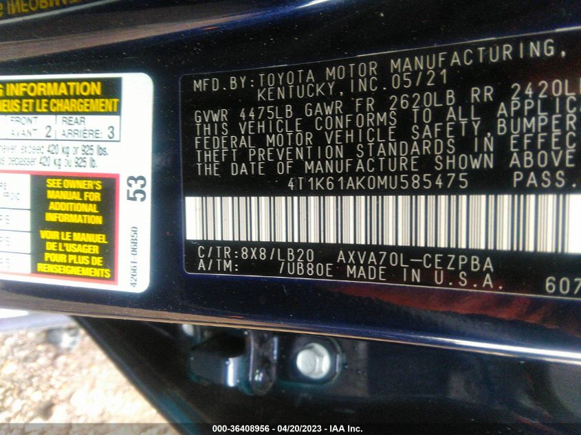 2021 TOYOTA CAMRY XSE - 4T1K61AK0MU585475