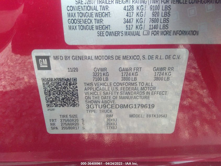 3GTU9CED8MG179619 GMC Sierra 1500 ELEVATION 9