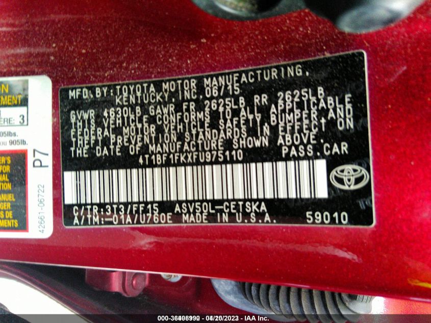 2015 TOYOTA CAMRY XLE/SE/LE/XSE - 4T1BF1FKXFU975110