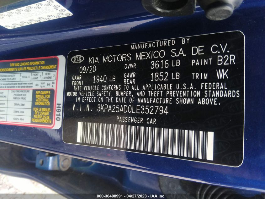 2020 KIA RIO 5-DOOR S 3KPA25AD0LE352794
