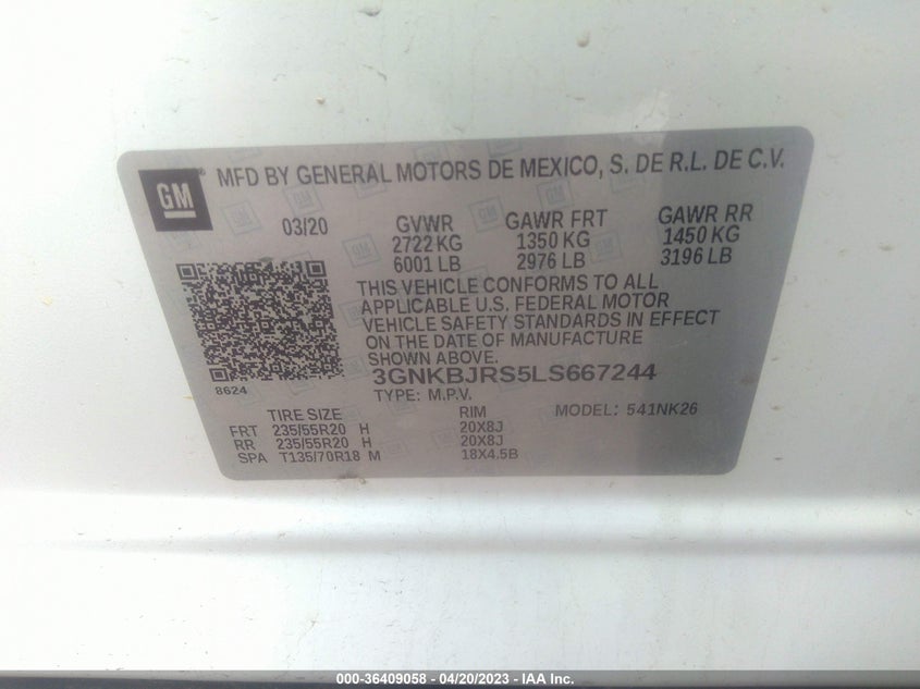 VIN 3GNKBJRS5LS667244 2020 CHEVROLET BLAZER LT