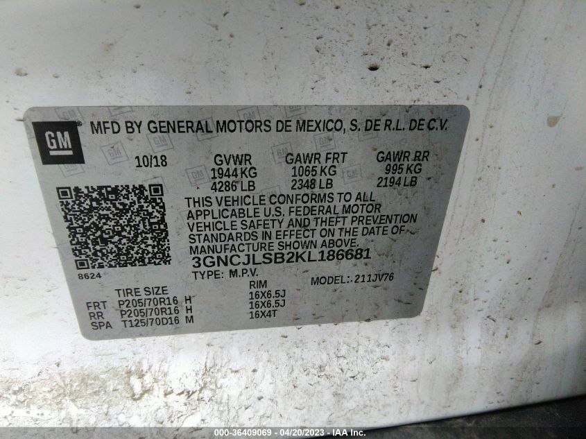 2019 CHEVROLET TRAX LT - 3GNCJLSB2KL186681