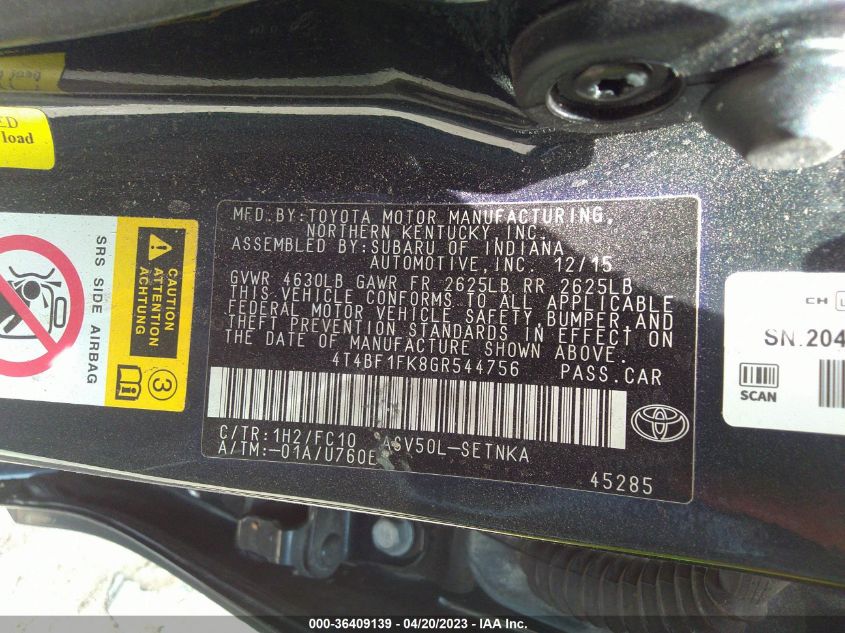 2016 TOYOTA CAMRY XLE/SE/LE/XSE - 4T4BF1FK8GR544756