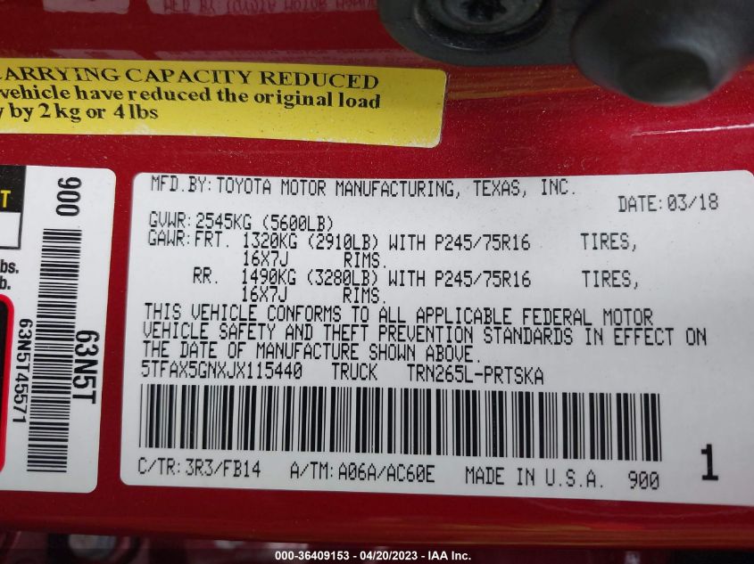 2018 TOYOTA TACOMA SR/SR5 - 5TFAX5GNXJX115440