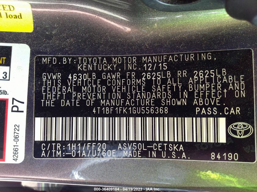 2016 TOYOTA CAMRY XLE/SE/LE/XSE - 4T1BF1FK1GU556368