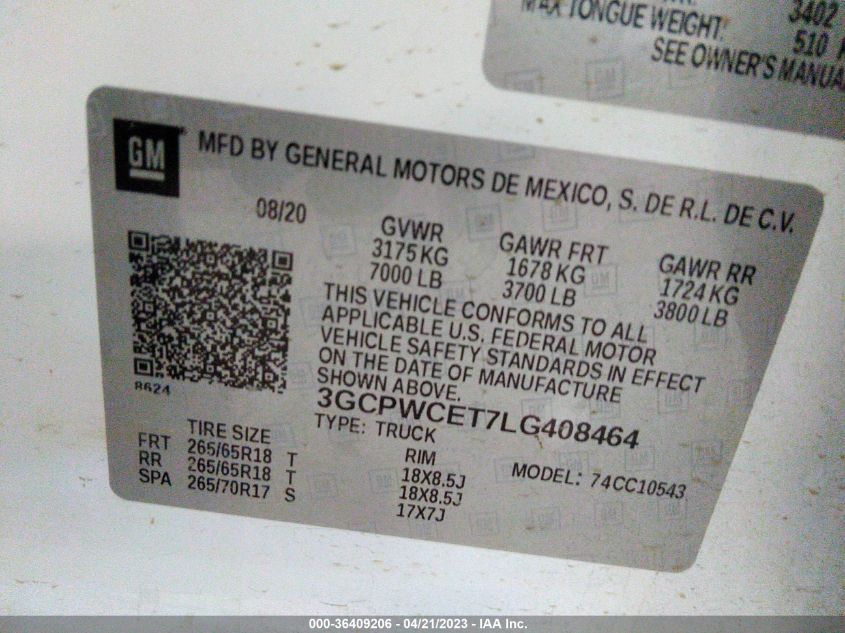 2020 CHEVROLET SILVERADO 1500 LT - 3GCPWCET7LG408464