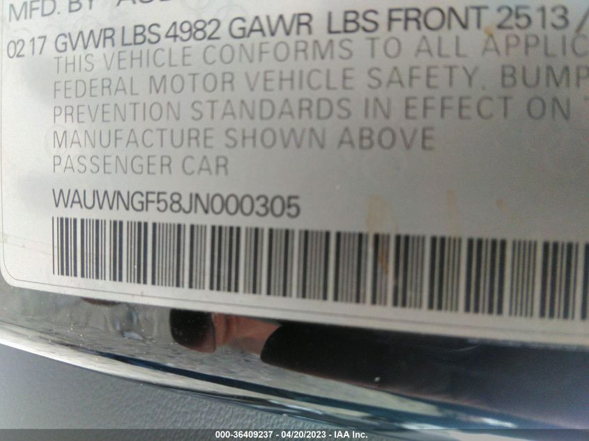 2018 AUDI A5 CABRIOLET PREMIUM - WAUWNGF58JN000305