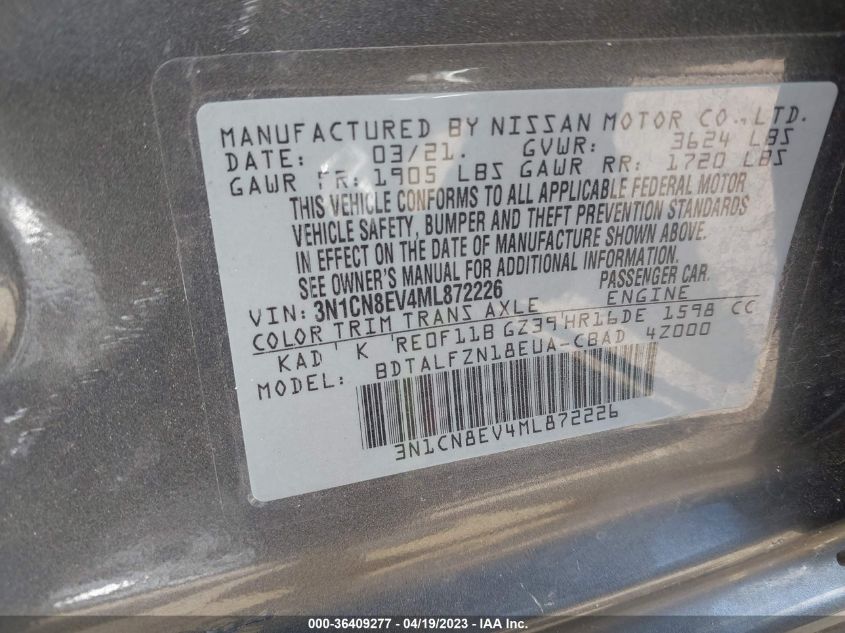 2021 NISSAN VERSA SV - 3N1CN8EV4ML872226