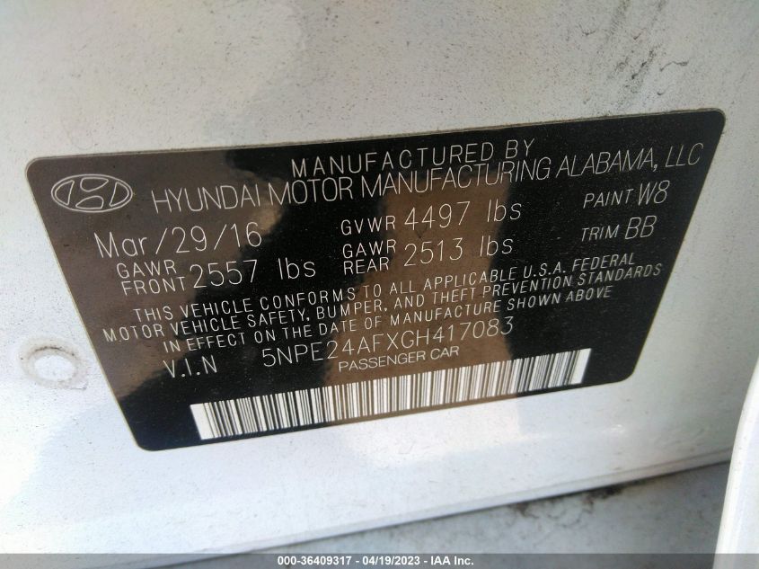 2016 HYUNDAI SONATA 2.4L - 5NPE24AFXGH417083