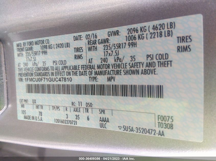 2016 FORD ESCAPE S - 1FMCU0F71GUC47810