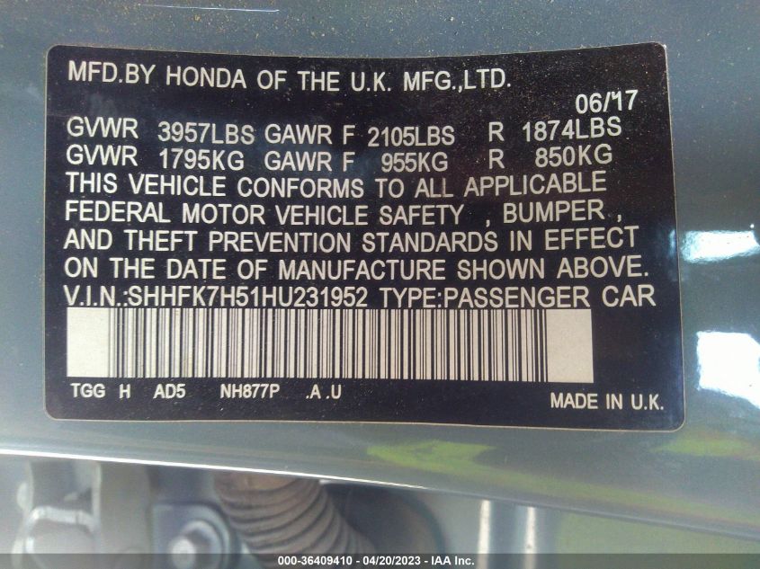 2017 HONDA CIVIC HATCHBACK EX - SHHFK7H51HU231952